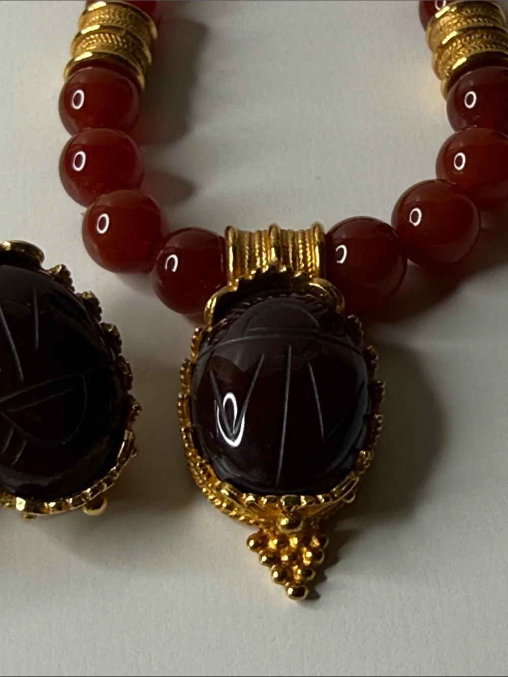 Vintage MMA Carnelian Bead Necklace earring Gold plate Scarab Egyptian revival⭐️ - Picture 14 of 17